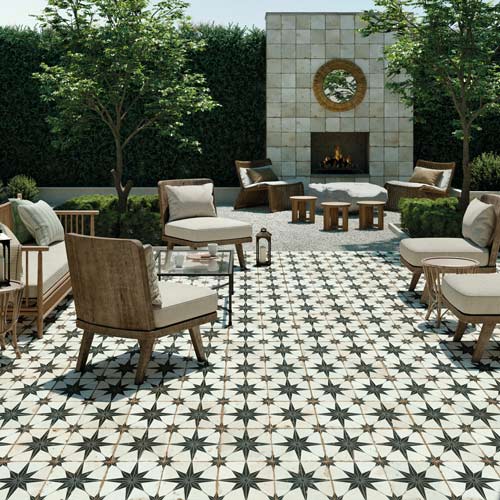 rock star porcelain tile in a garden with furniture on top