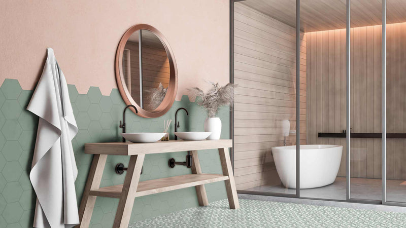 Image of hexagon wall and floor tiles in a bathroom