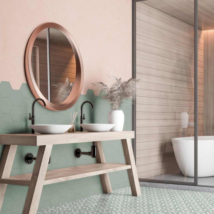 hexagon wall and floor tiles in a bathroom