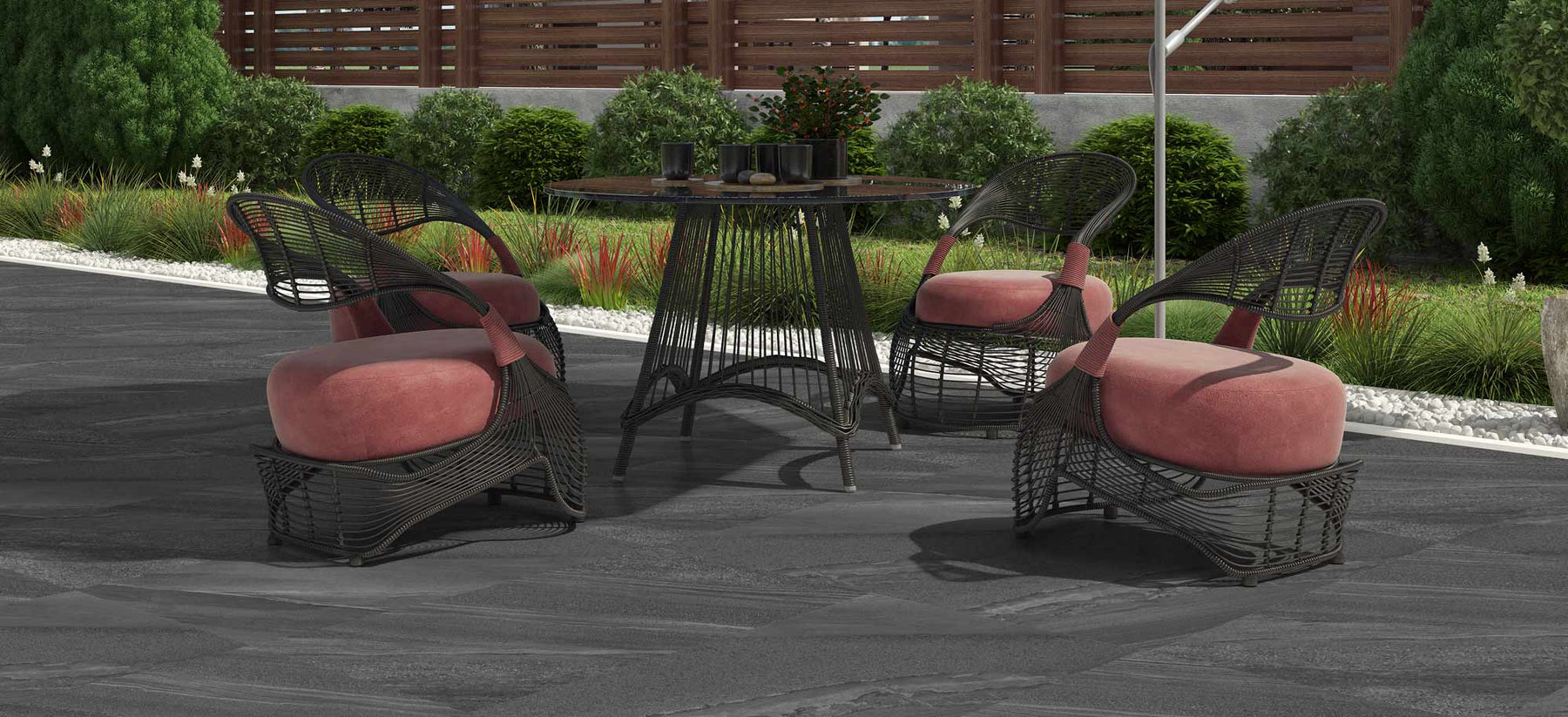 Outdoor Porcelain tile 60x120cm Nexus Anthracite in garden veranda setting with white outdoor furniture and garden