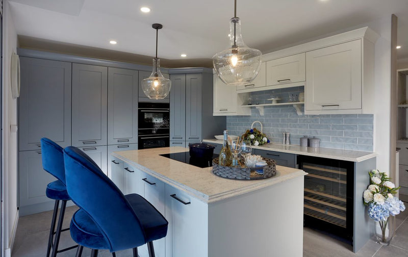 Image of 7.5x30cm Cottage blue gloss tile with light blue kitchen cabinets with white kitchen island