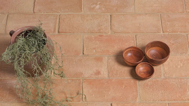 Image of terracotta brick tile on floor with limestone grout and wooden bowls and green plant in clay pot