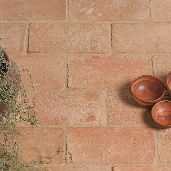 terracotta brick tile on floor with limestone grout and wooden bowls and green plant in clay pot