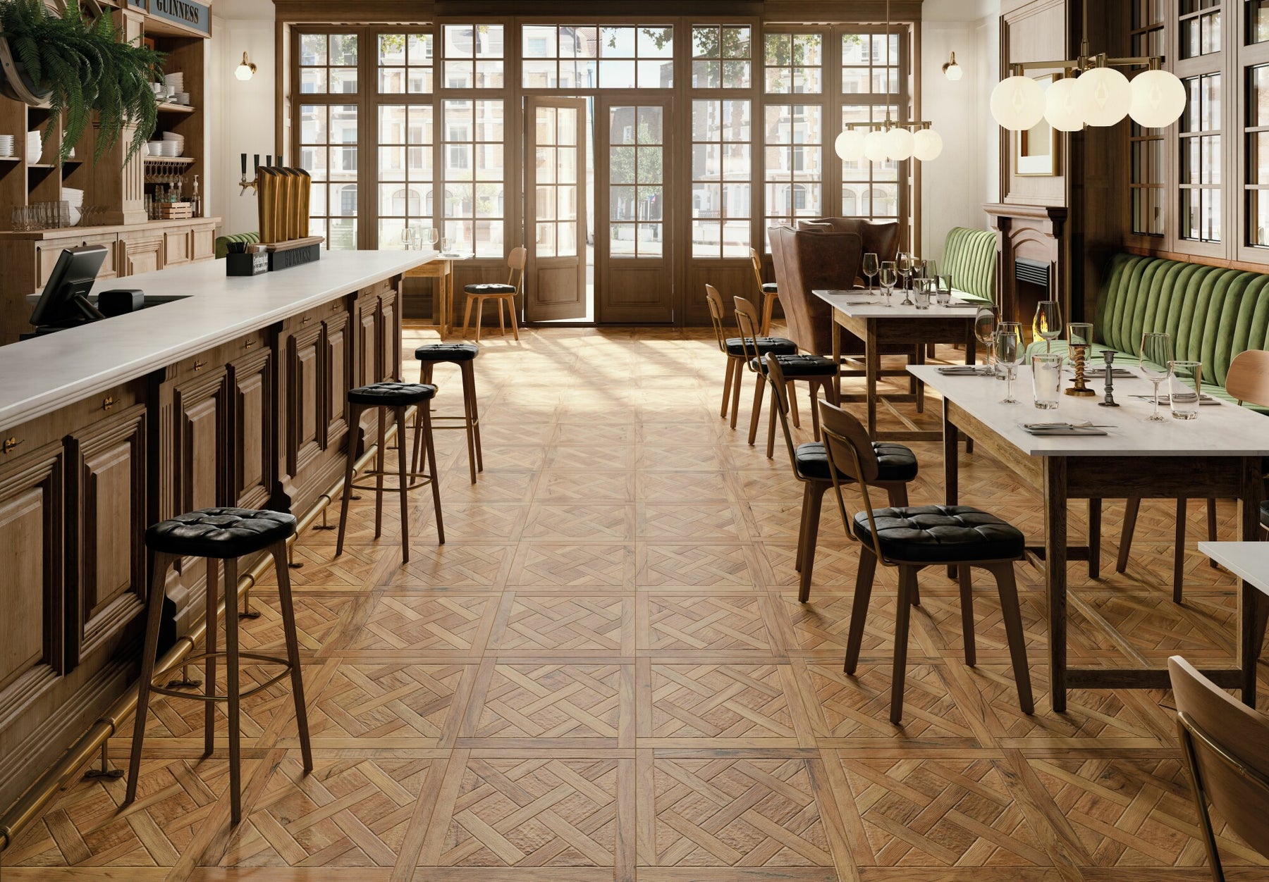45x45cm Forest Natural floor tile in a bar setting with stools, tables and french glass doors