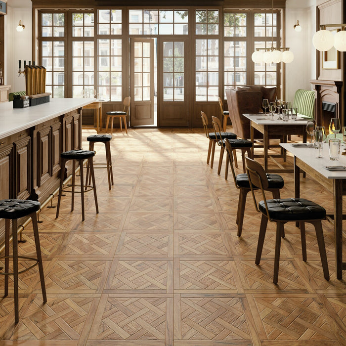 45x45cm Forest Natural floor tile in a bar setting with stools, tables and french glass doors