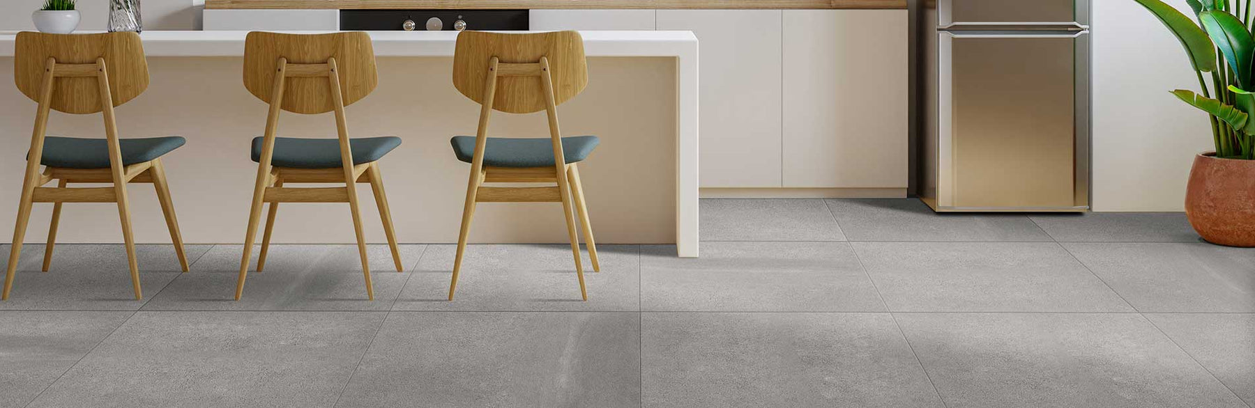 kitchen breakfast bar with wooden chairs and large porcelain tiles 