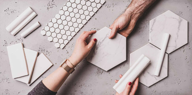 Image of sample tiles on a table for viewing