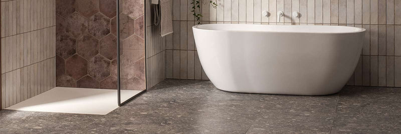 Image of Square, hexagon and Rectangular tiles on bathroom wall and floor