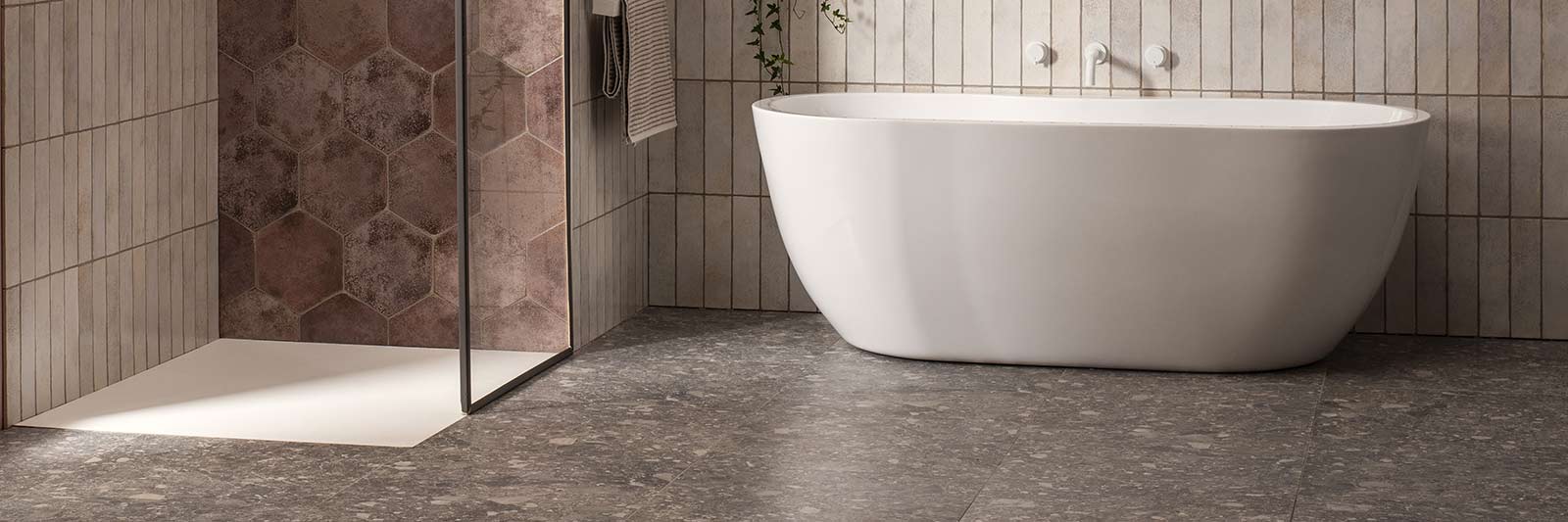 Square, hexagon and Rectangular tiles on bathroom wall and floor