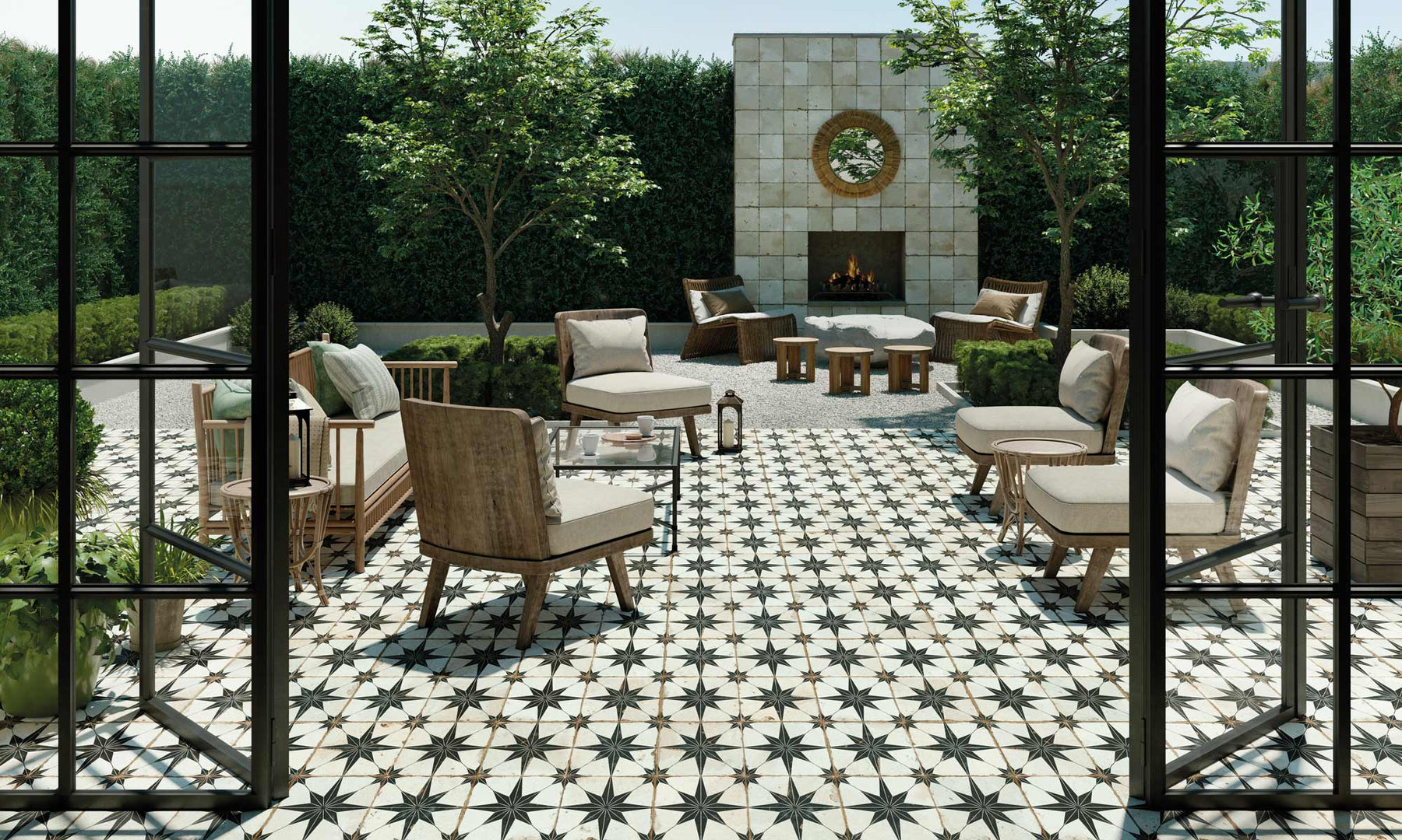 Peronda FS Rockstar ceramic garden tile flooring with garden sofas, and outdoor fireplace.