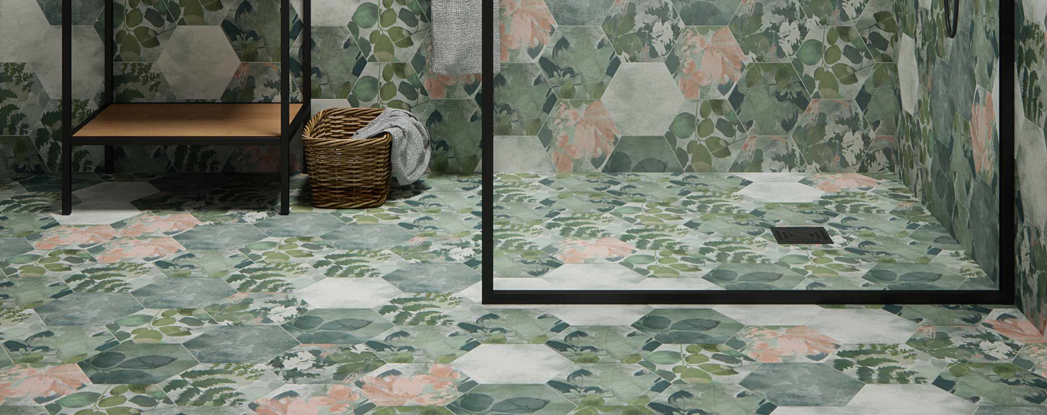 Image of hexagon wall and floor tile in a shower bathroom