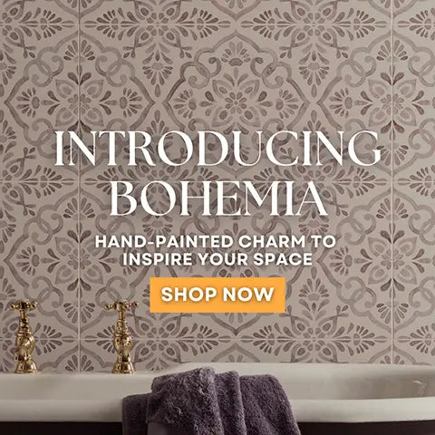 bohemia pattern wall tile on bathroom wall with free standing bath Infront. hand -painted charm to inspire your space - shop now