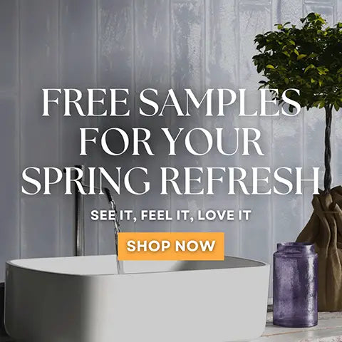 brick wall tile behind a basin and free standing basin tap with small house tree  to the side - free samples for your springe refresh - shop now