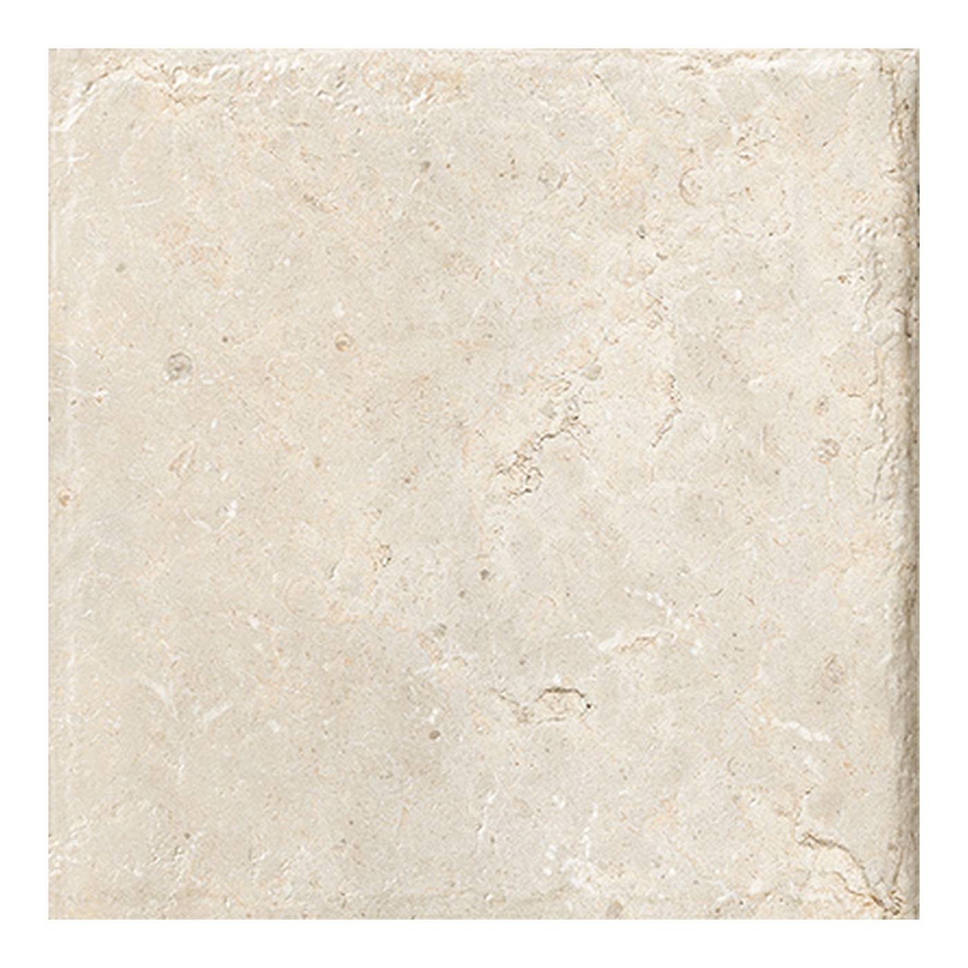 Image of A square stone-look tile with a textured beige and cream surface, shown against a plain white background.