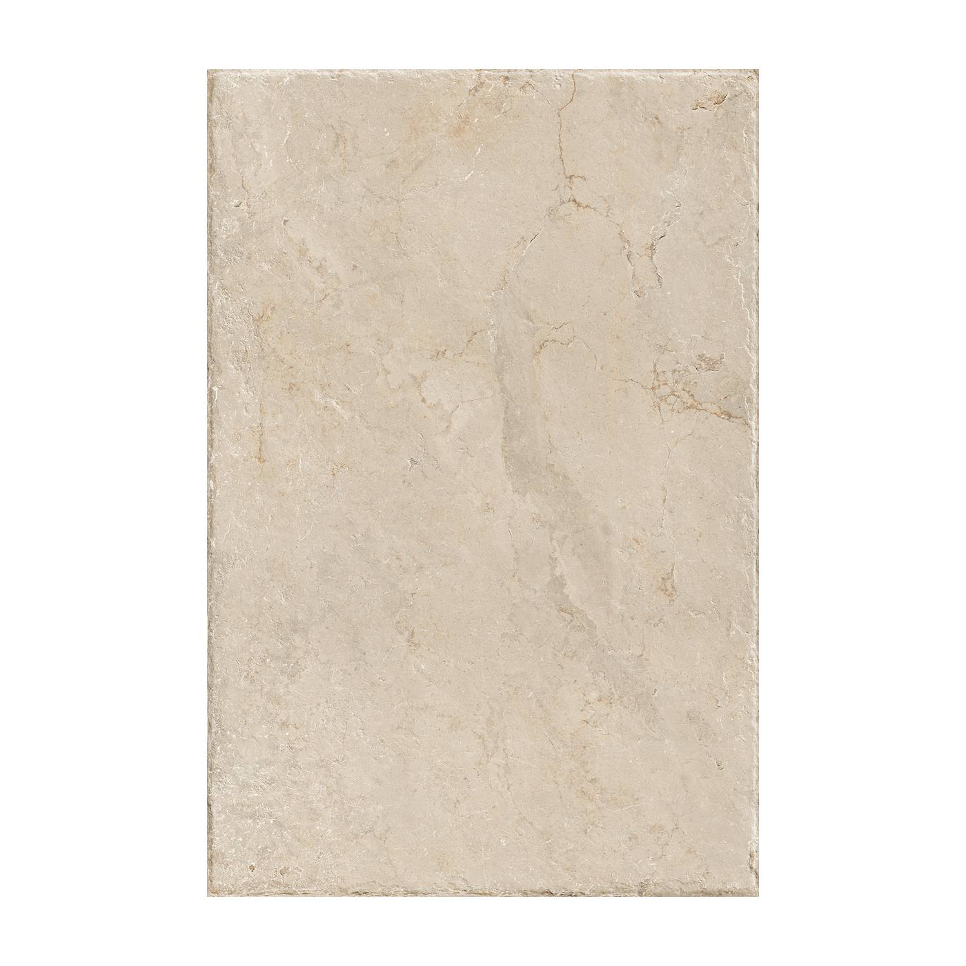 Image of A rectangular beige stone tile with natural marble-like veining and textured surface, shown against a plain white background.