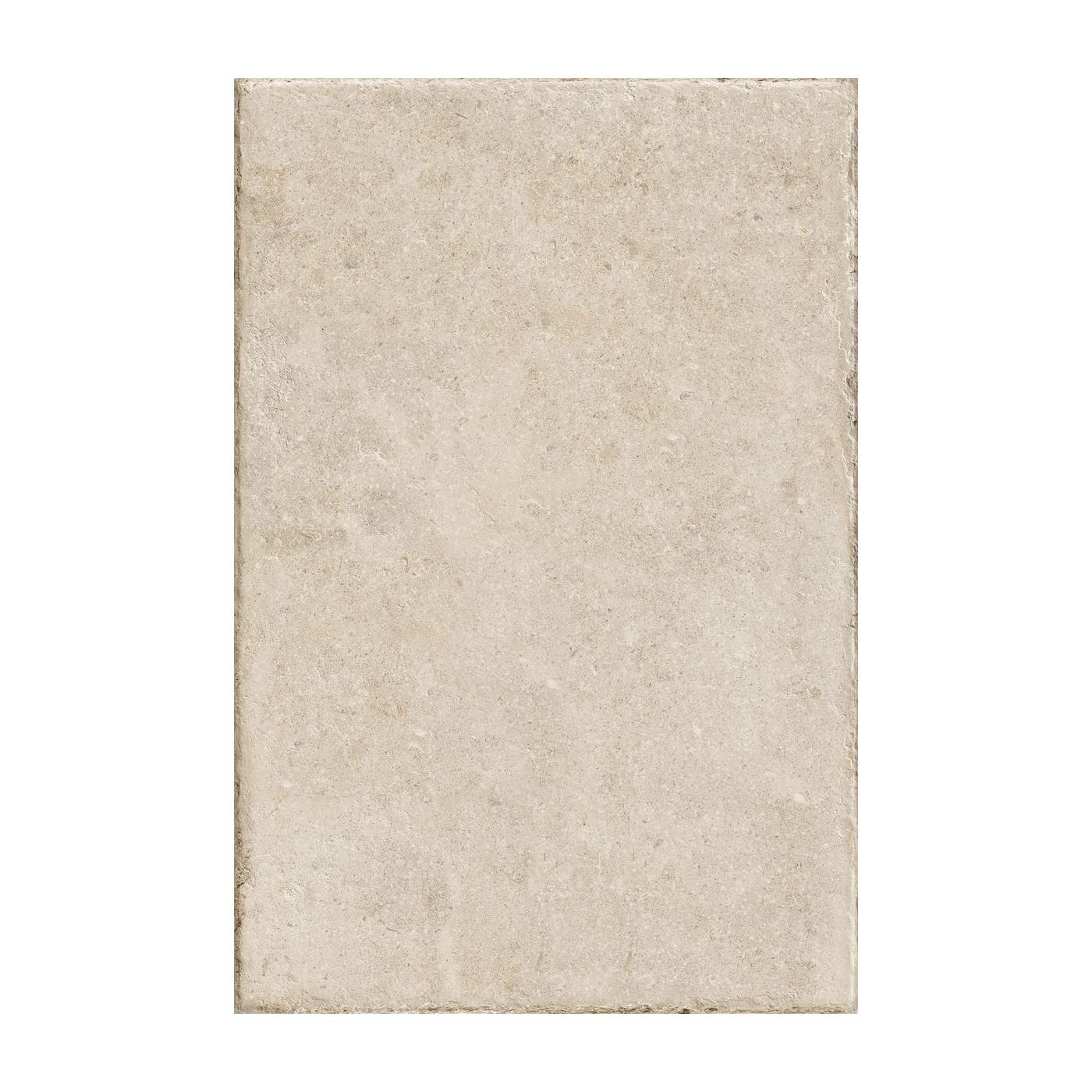 Image of A rectangular beige stone-look tile with a textured, matte finish, shown against a plain white background.