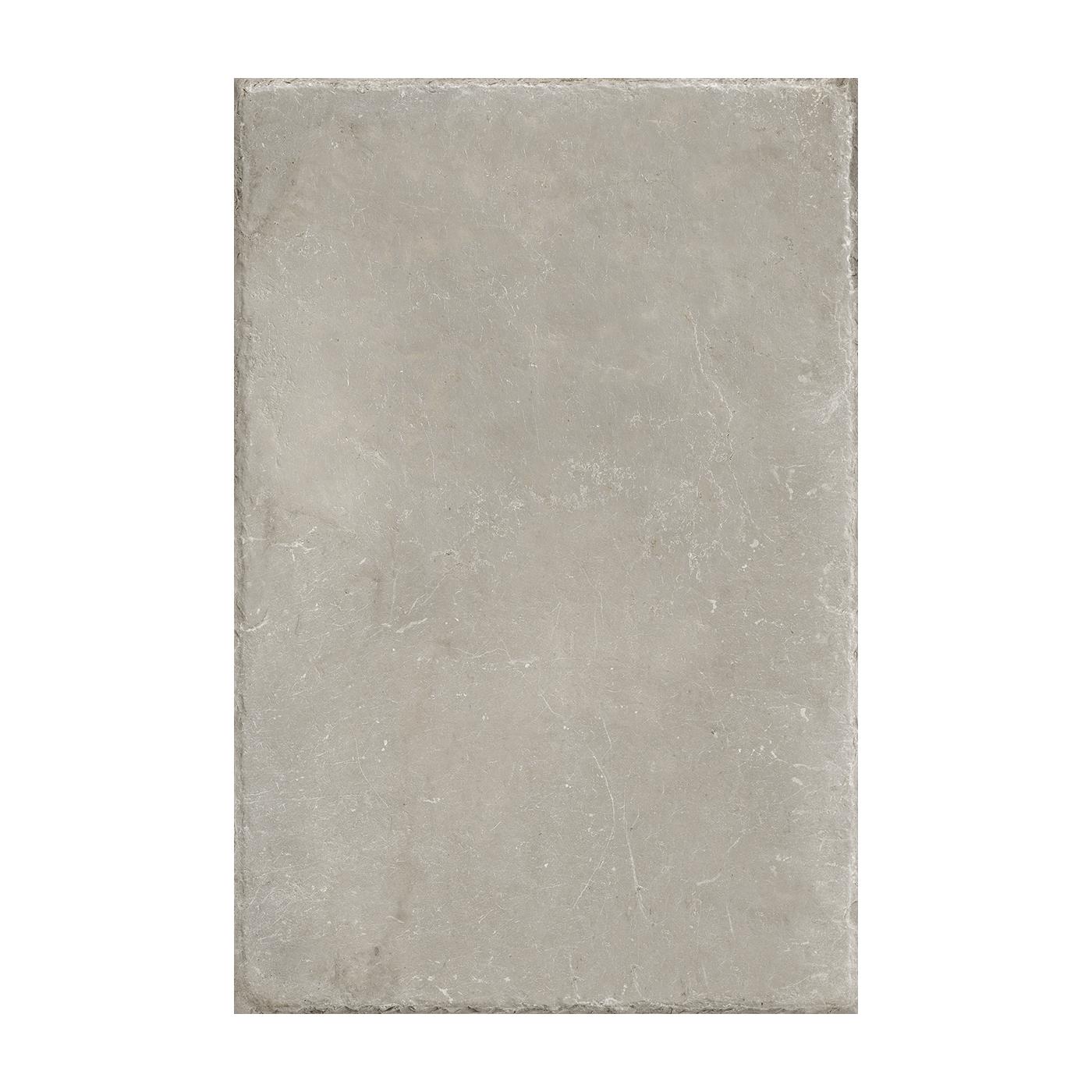 Image of A rectangular stone-look tile in a light gray color with subtle natural texture and distressed edges, shown against a plain white background.