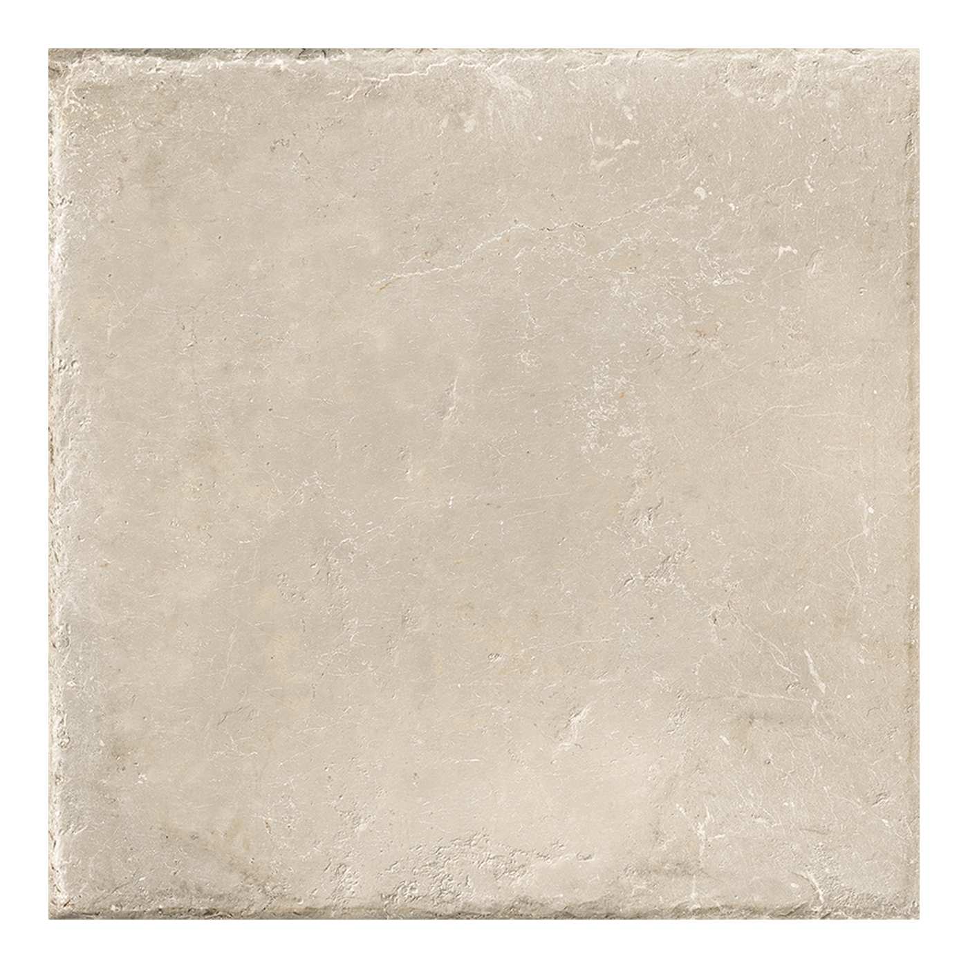 Image of A square stone-look tile in a light beige or cream color with subtle natural marbling and textured surface details, shown against a plain white background.