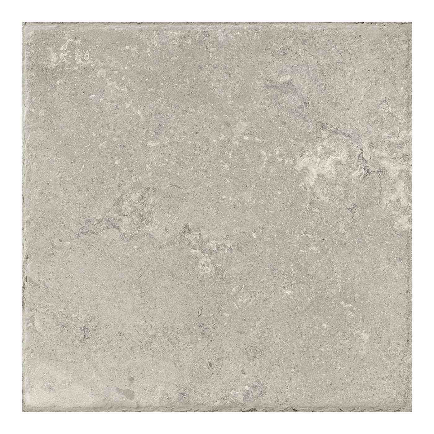 Image of A square stone-look tile with a textured, weathered surface in light gray and beige tones, shown against a white background.