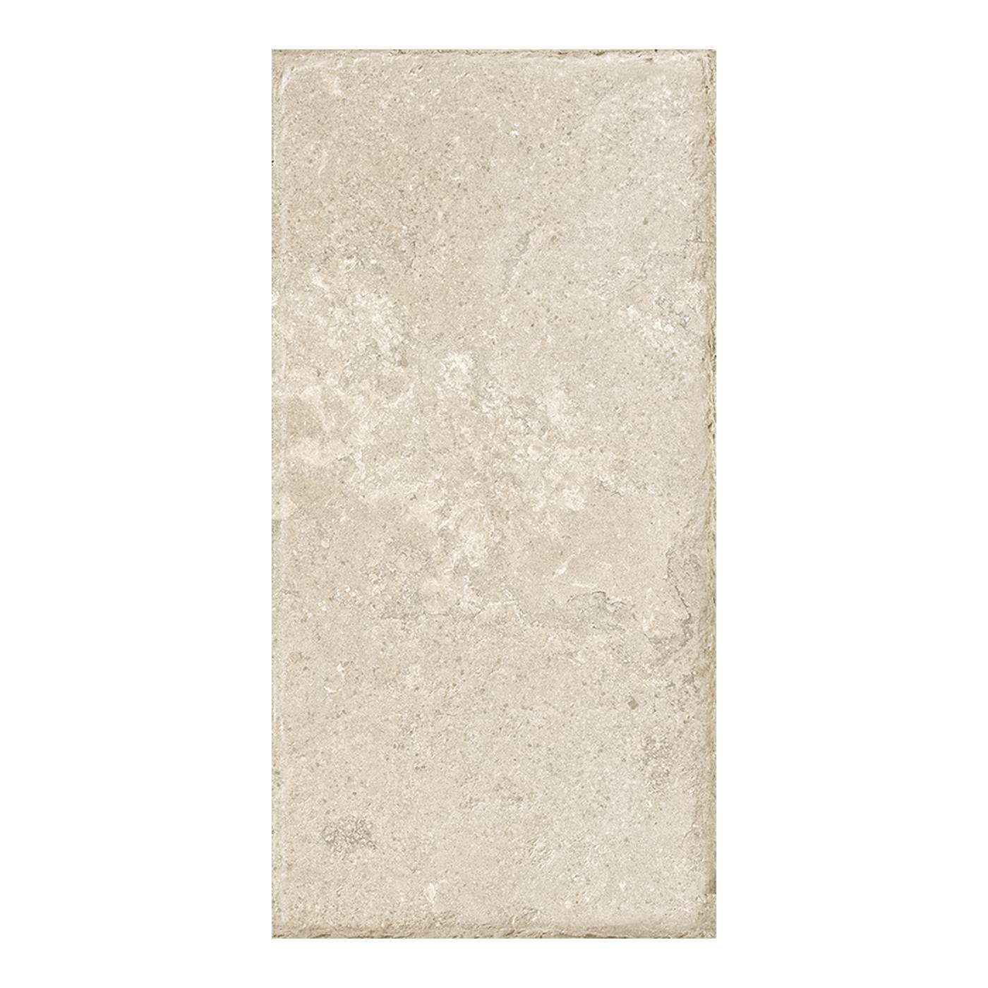 Image of A rectangular ceramic or porcelain tile with a light beige stone texture, shown vertically against a plain white background.