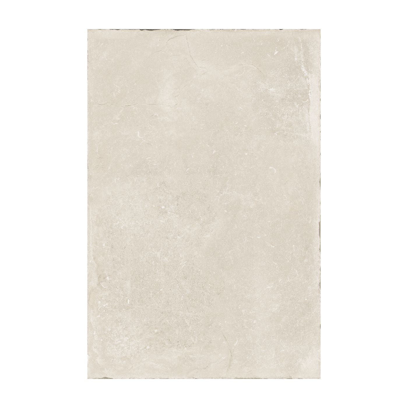 Image of A rectangular beige stone-look tile with a textured, slightly distressed surface, shown against a plain white background.