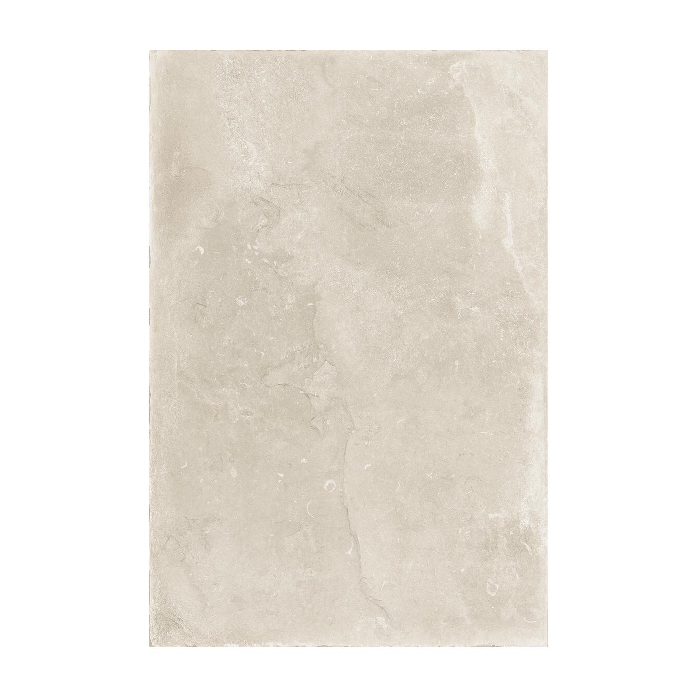 Image of A rectangular beige stone-look tile with subtle natural marbling and texture, shown flat against a white background.