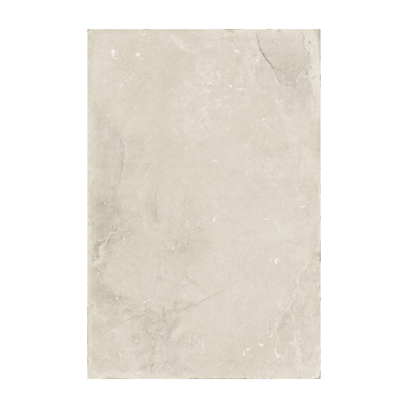 Image of A rectangular ceramic or porcelain tile with a light beige stone texture, featuring subtle gray and white veining, shown against a plain white background.
