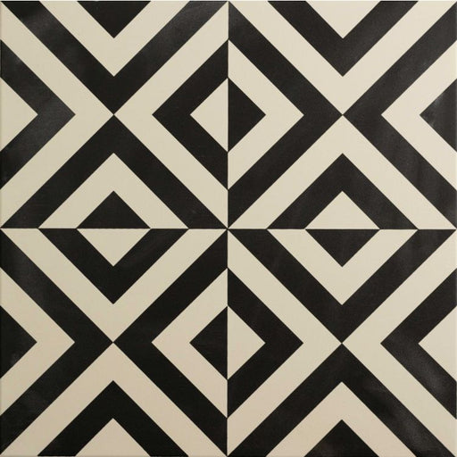 Black and white tile with a bold geometric diamond pattern.