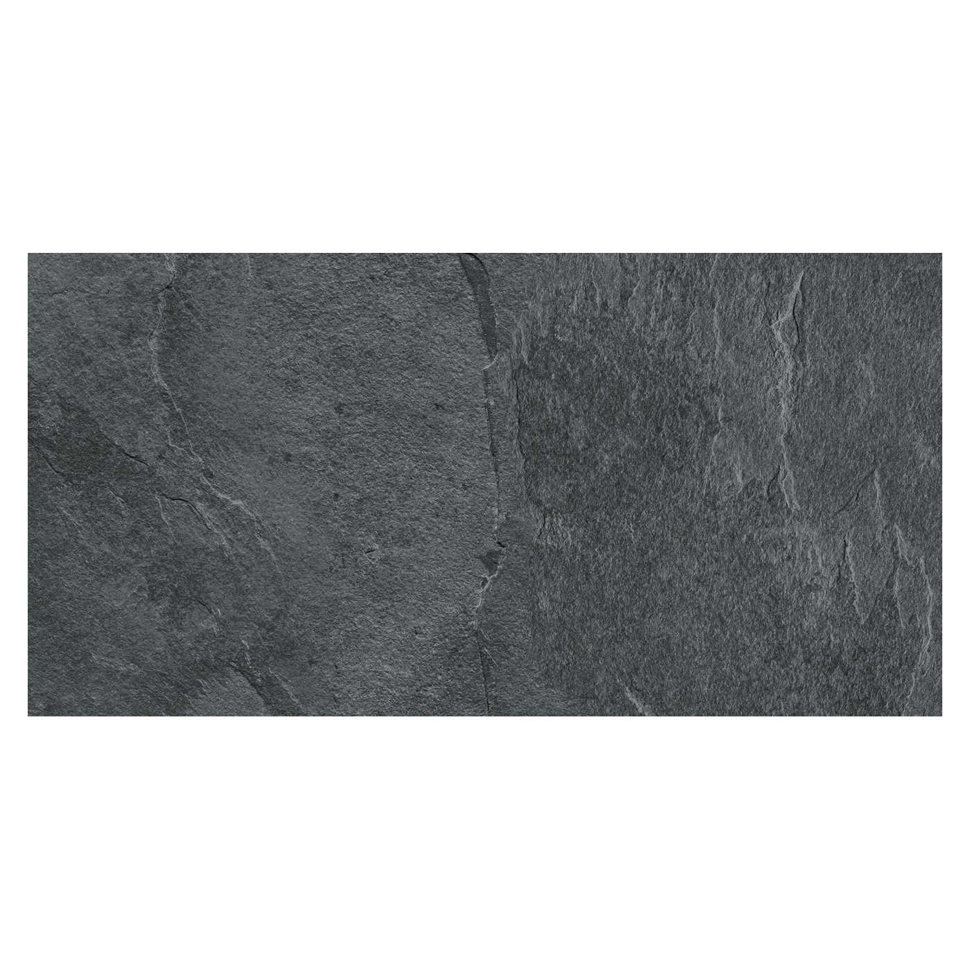 Image of A rectangular dark gray slate tile with a natural textured surface and subtle fissures, shown against a plain white background.