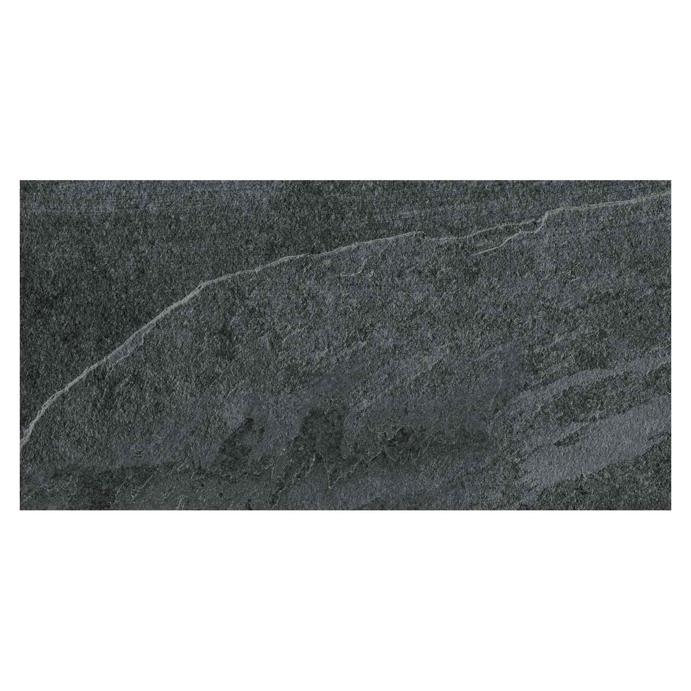 Image of A rectangular dark gray slate tile with a natural textured surface and subtle white veining, shown against a plain white background.