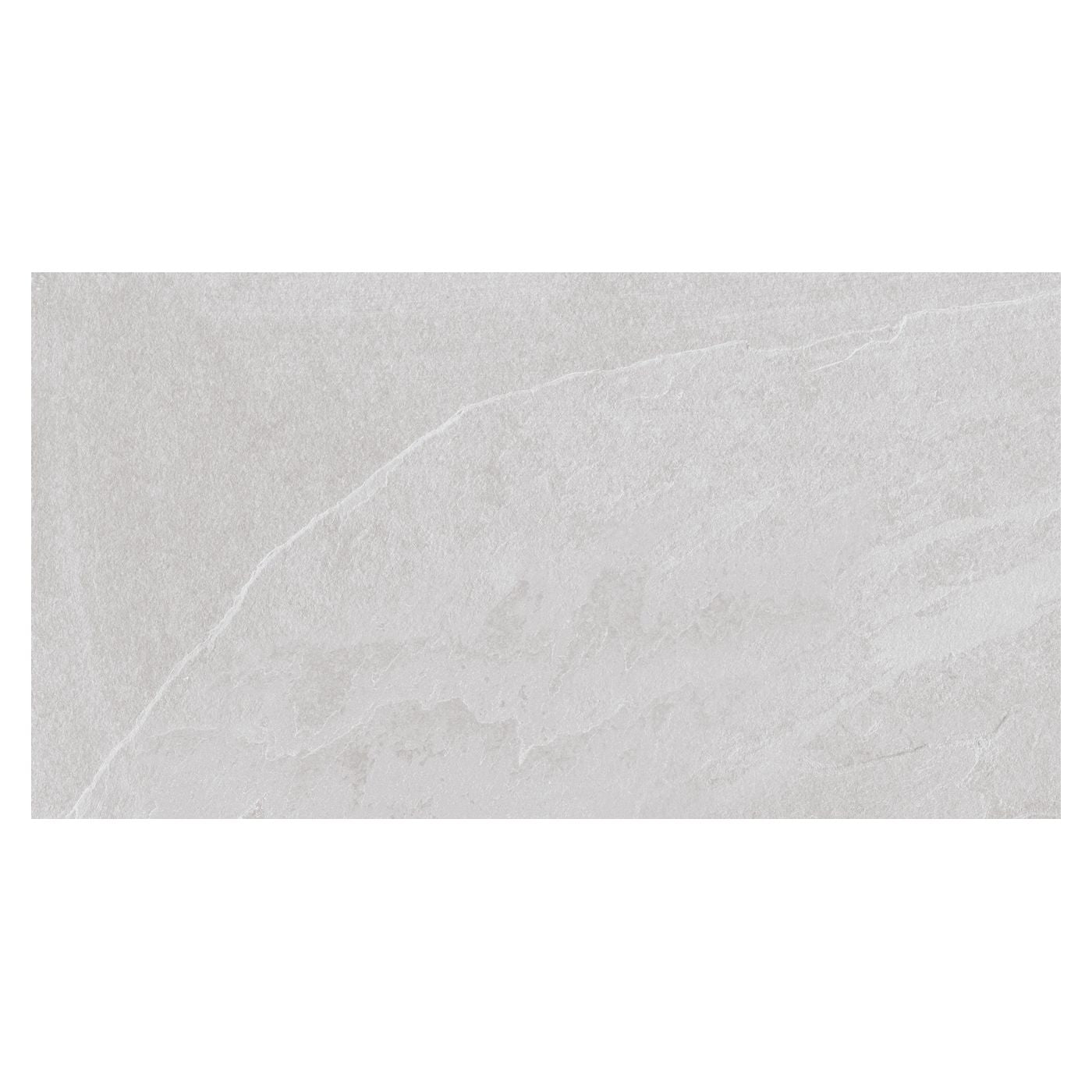 Image of A rectangular light gray stone-look tile with subtle natural veining, shown against a white background.