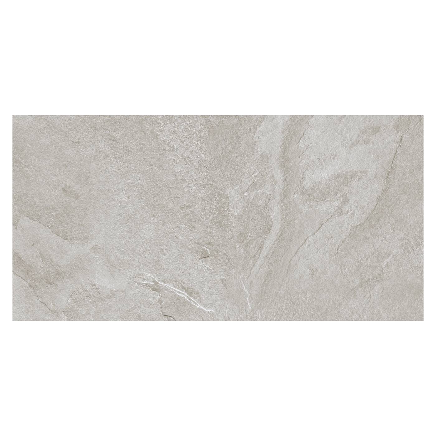 Image of A rectangular light gray stone-look tile with natural mottled texture and subtle veining, centered on a white background.