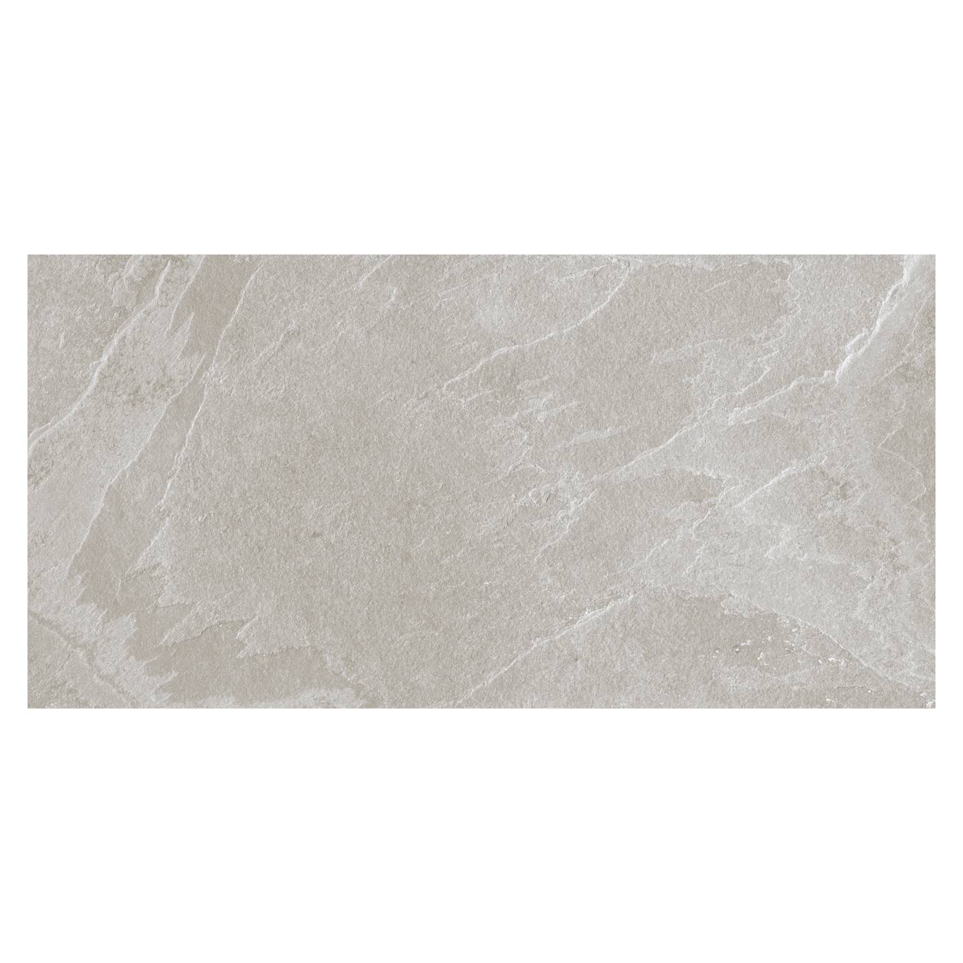 Image of A rectangular light gray stone-look tile with subtle white veining, shown against a plain white background.