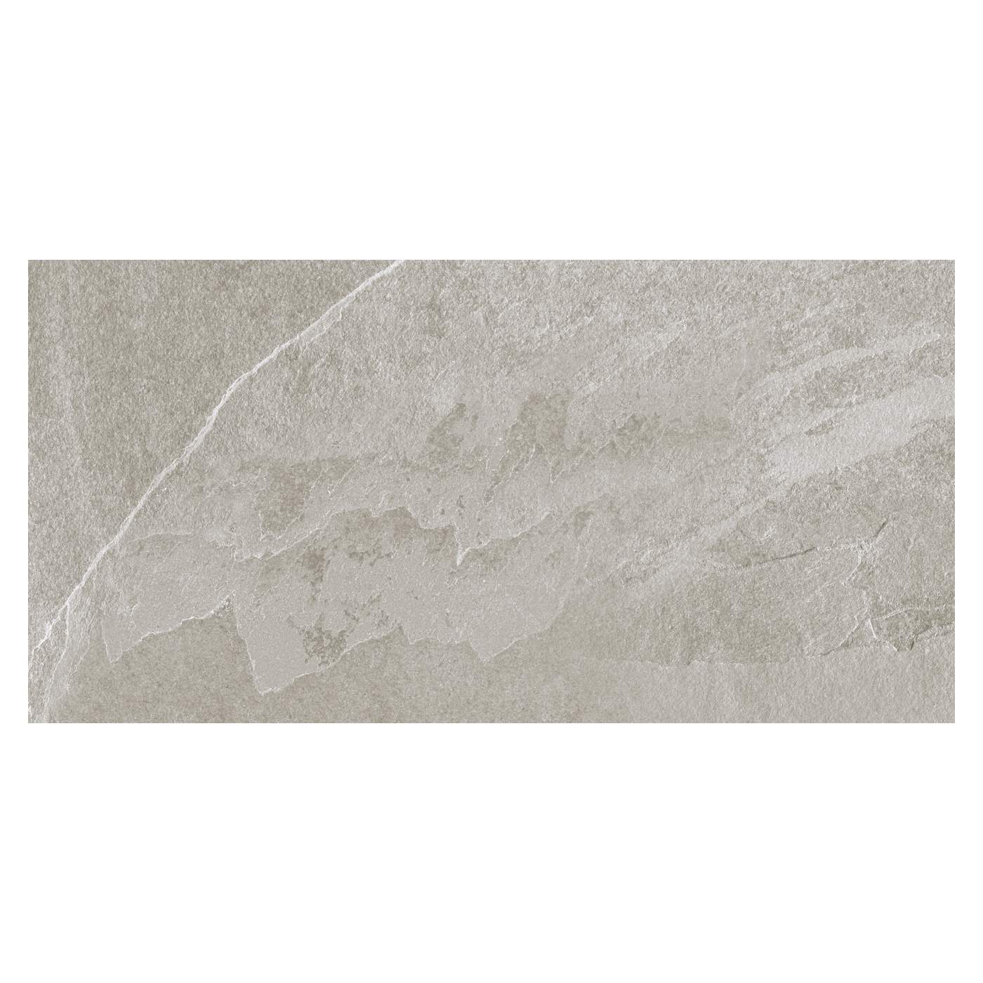 Image of A rectangular stone-look tile with a textured light gray and beige surface, shown against a plain white background.