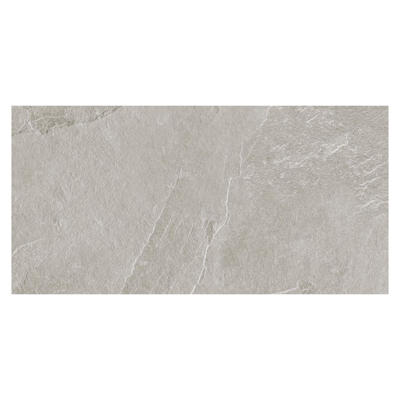Image of A rectangular light gray stone or slate tile sample with natural veining and textured surface, centered on a white background.