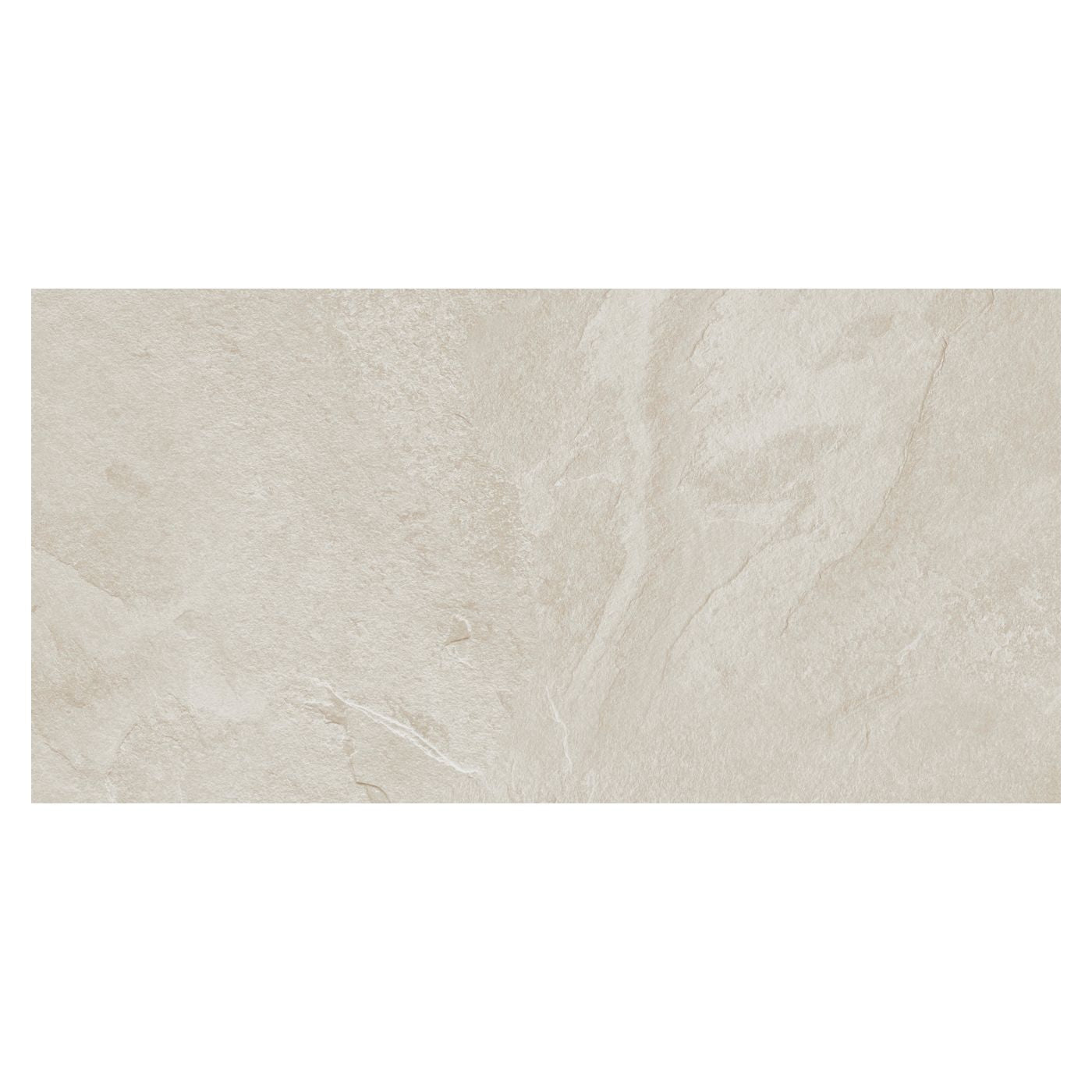 Image of A rectangular beige stone-look tile with subtle natural veining and a matte textured surface, centered on a white background.