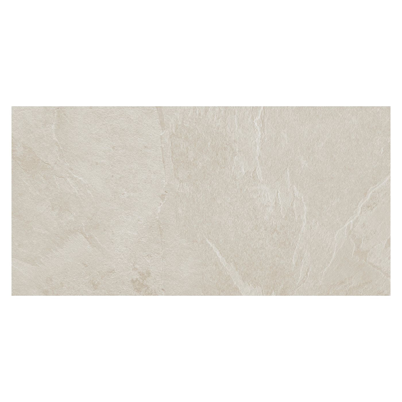 Image of A rectangular beige stone-look tile with subtle natural veining and a matte textured surface, centered on a white background.