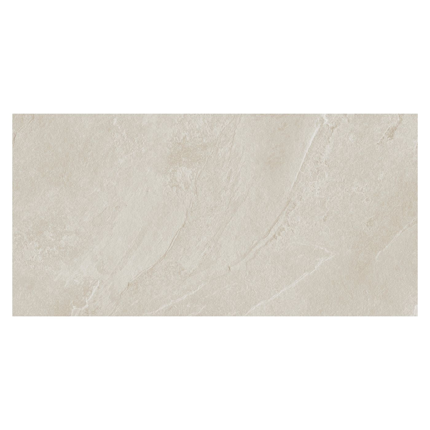 Image of A rectangular beige stone-look tile with subtle natural veining and a matte textured surface, shown against a white background.