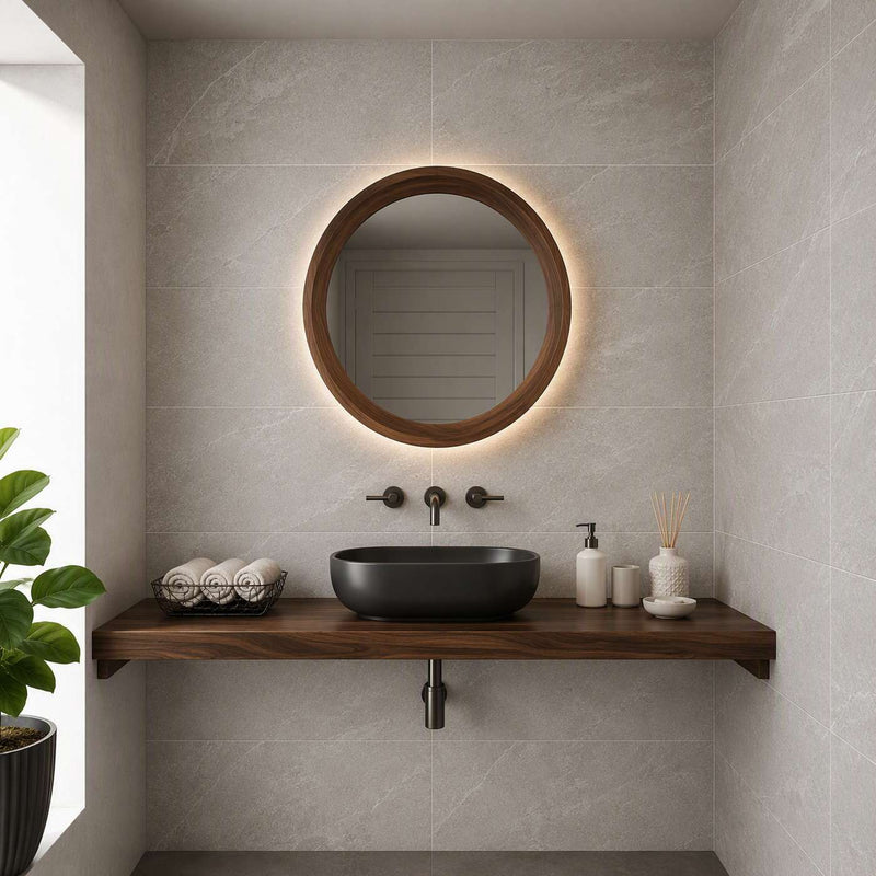 Image of A modern bathroom vanity setup with a round backlit mirror, a floating dark wood console shelf, a black vessel sink, and matching bathroom accessories against light gray tiled walls.