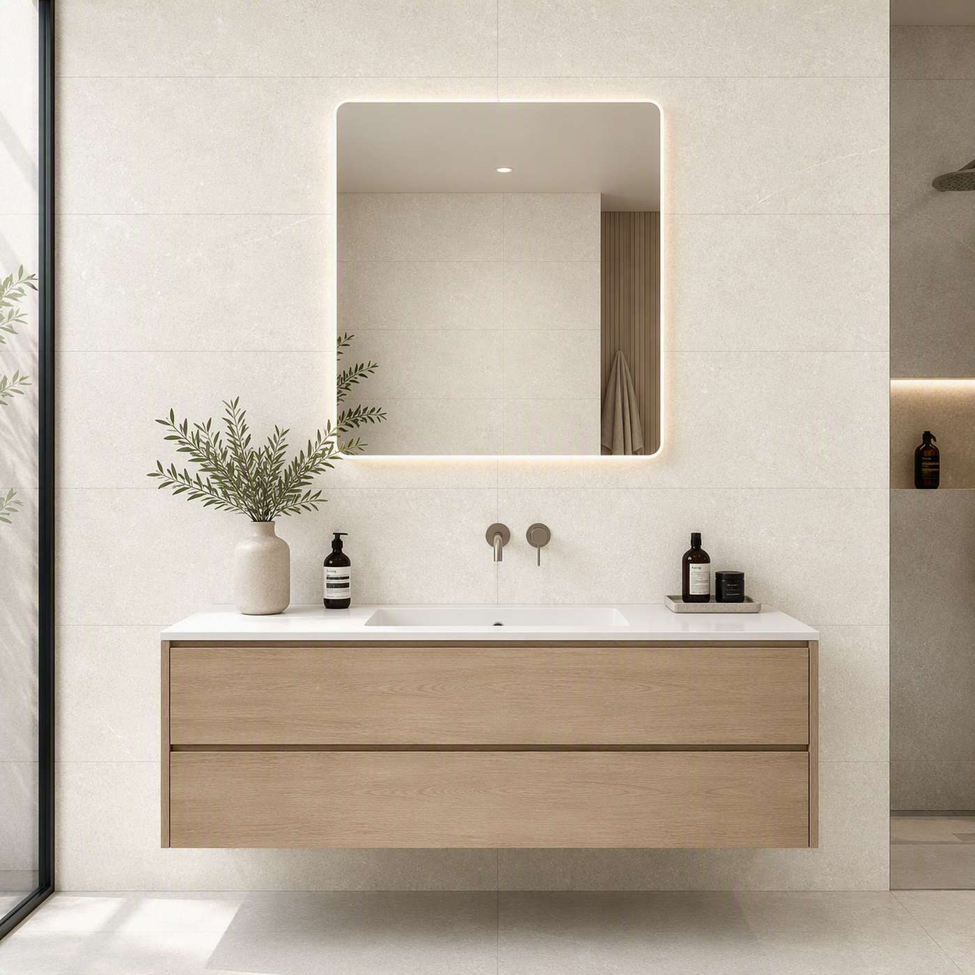 Image of A modern floating bathroom vanity with a white sink, light wood drawer front, and a matching illuminated rectangular mirror mounted on a beige tiled wall. A white vase with greenery and small toiletry bottles sit on the counter.