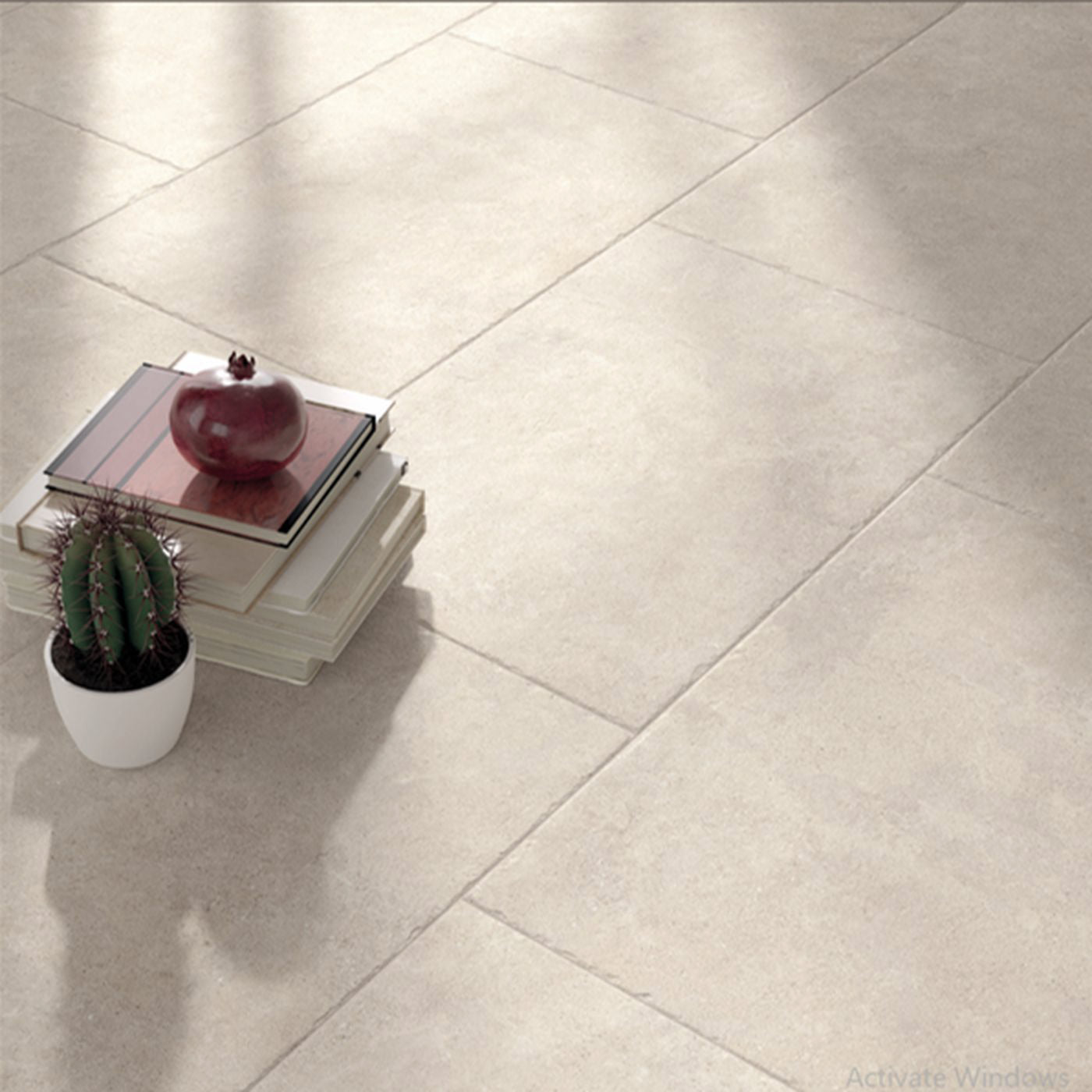 Image of Large light beige rectangular floor tiles with a matte finish, shown in a styled room setting with a small potted cactus, a stack of books, and a red decorative object on the left side.