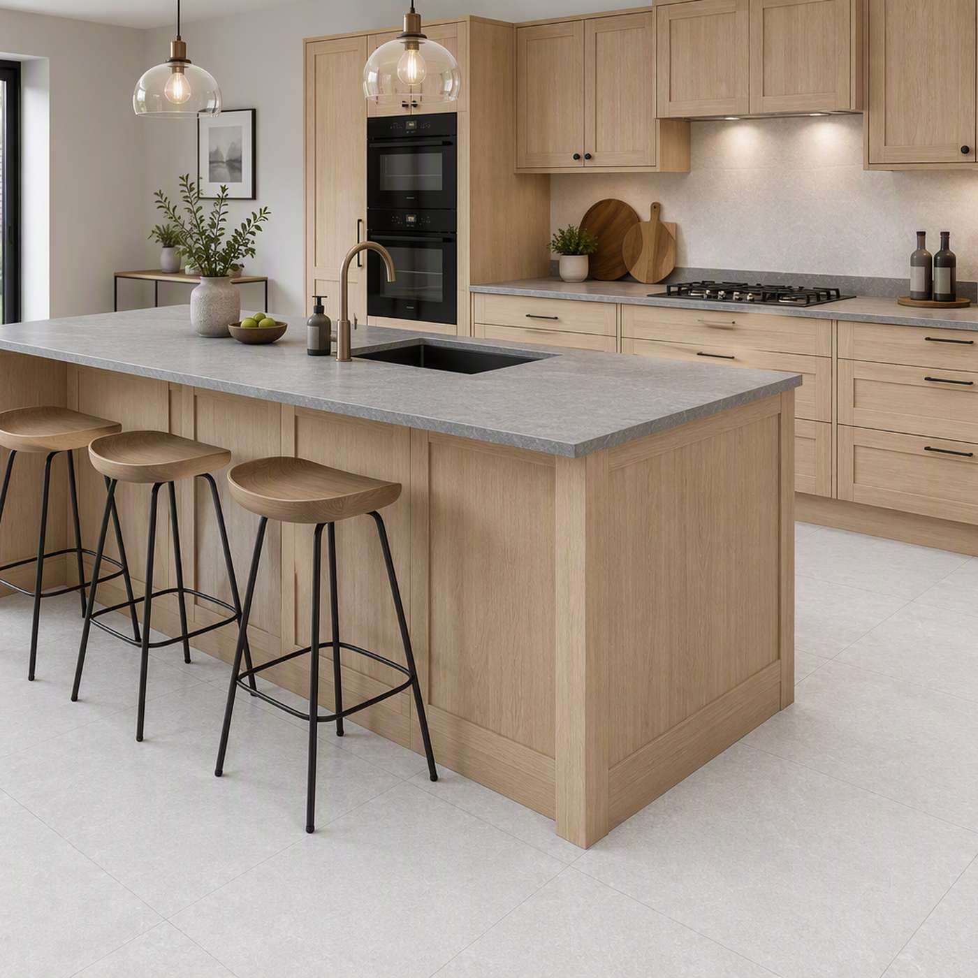 Image of A modern kitchen island with a light oak wood frame, a gray stone countertop, and three matching bar stools with black metal legs, set in a bright, contemporary kitchen.