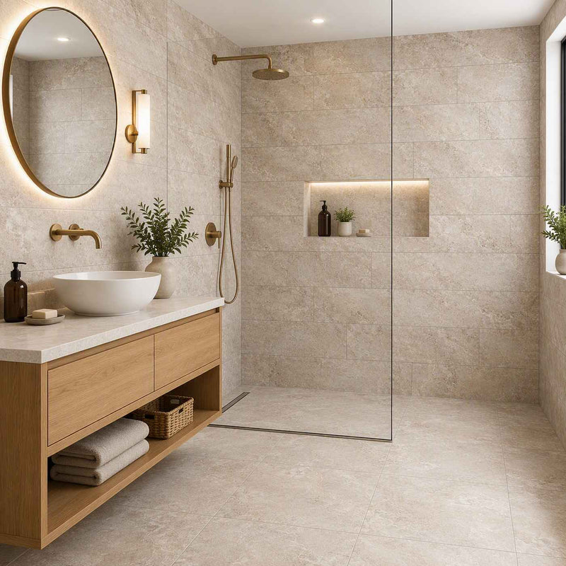 Image of A modern bathroom interior with a walk-in shower, beige stone tile walls and floor, a floating wooden vanity, white vessel sink, round wall mirror, and brass-toned fixtures.