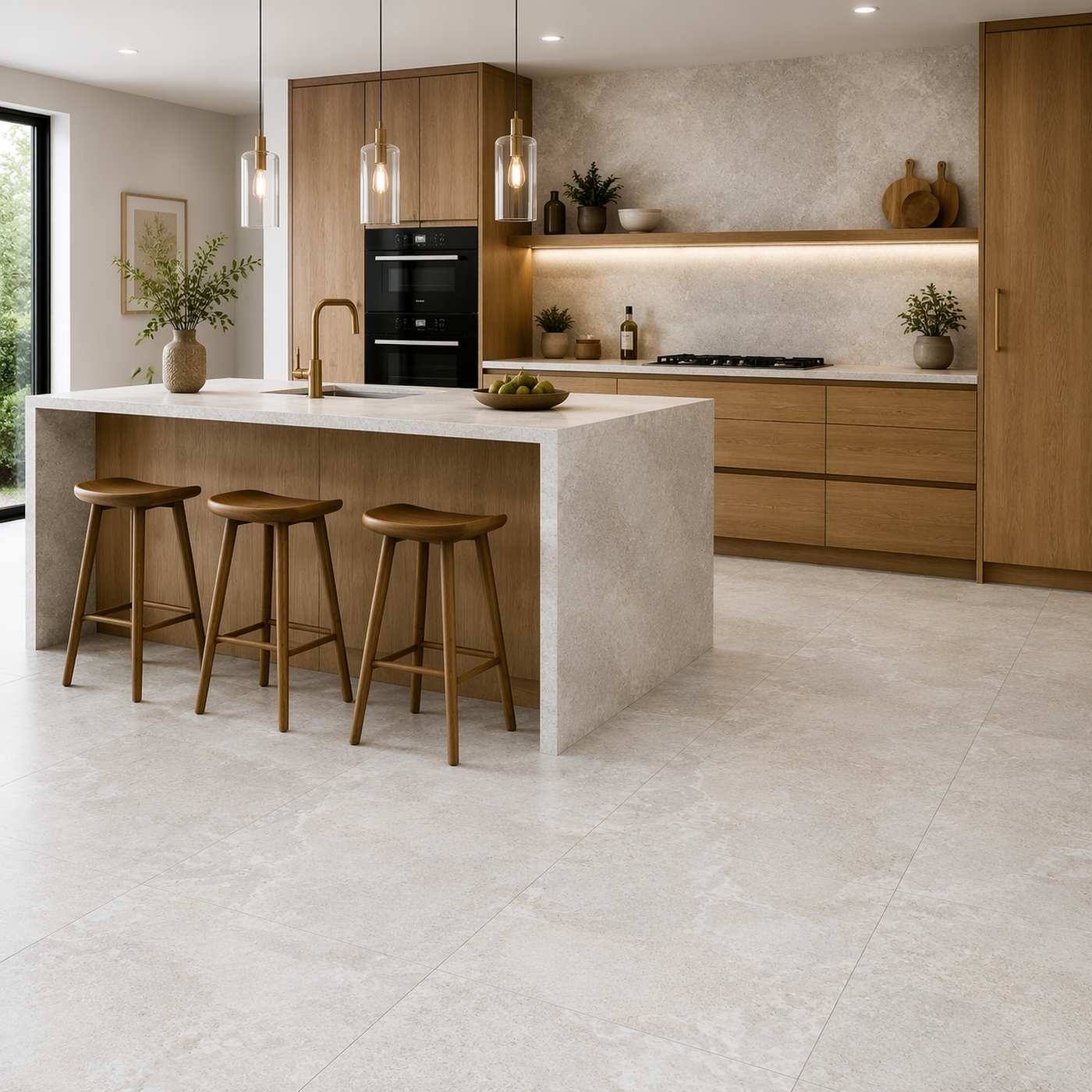 Image of A modern kitchen interior with a large light stone island, three wooden bar stools, wood cabinetry, pendant lights, and a built-in black oven. The floor and backsplash appear to be the product focus, shown in a real room setting rather than as an isolated studio shot.