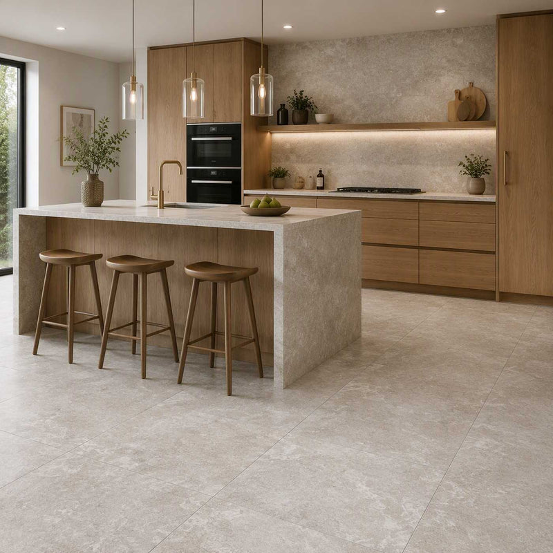 Image of A modern kitchen interior with a large light stone island and matching stone floor tiles, surrounded by wood cabinetry, pendant lights, bar stools, and built-in appliances.