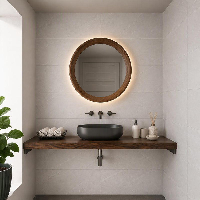 Image of A modern floating bathroom vanity setup with a round backlit mirror, dark wood floating shelf, black vessel sink, and minimalist toiletries against light gray tiled walls.