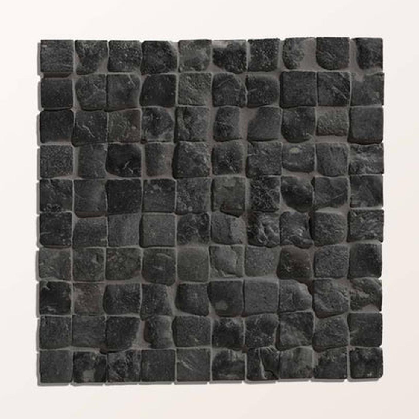 Image of A square mosaic tile sheet featuring dark charcoal gray stone tiles with a rough, textured finish, arranged in a grid pattern on a light beige background.