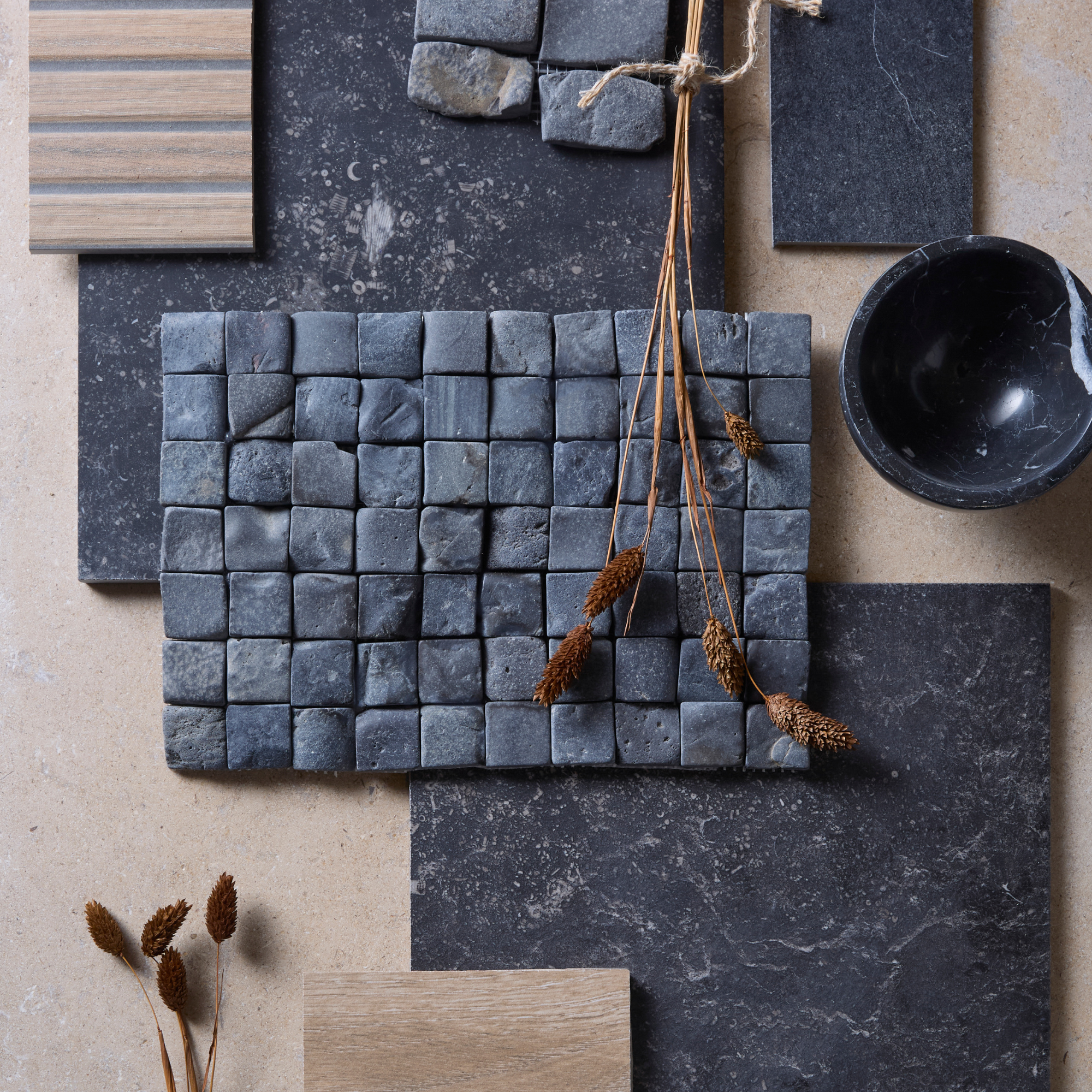 Image of Enso Cobble Cube Charcoal Mosaic 30x30cm-Limestone tiles-Ca Pietra-Tile.co.uk
