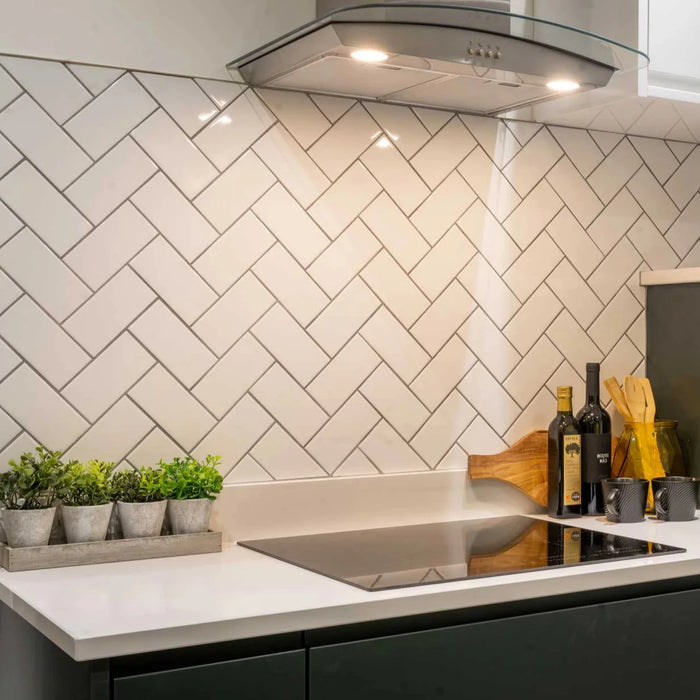 Flat white wall tile as a kitchen splash back