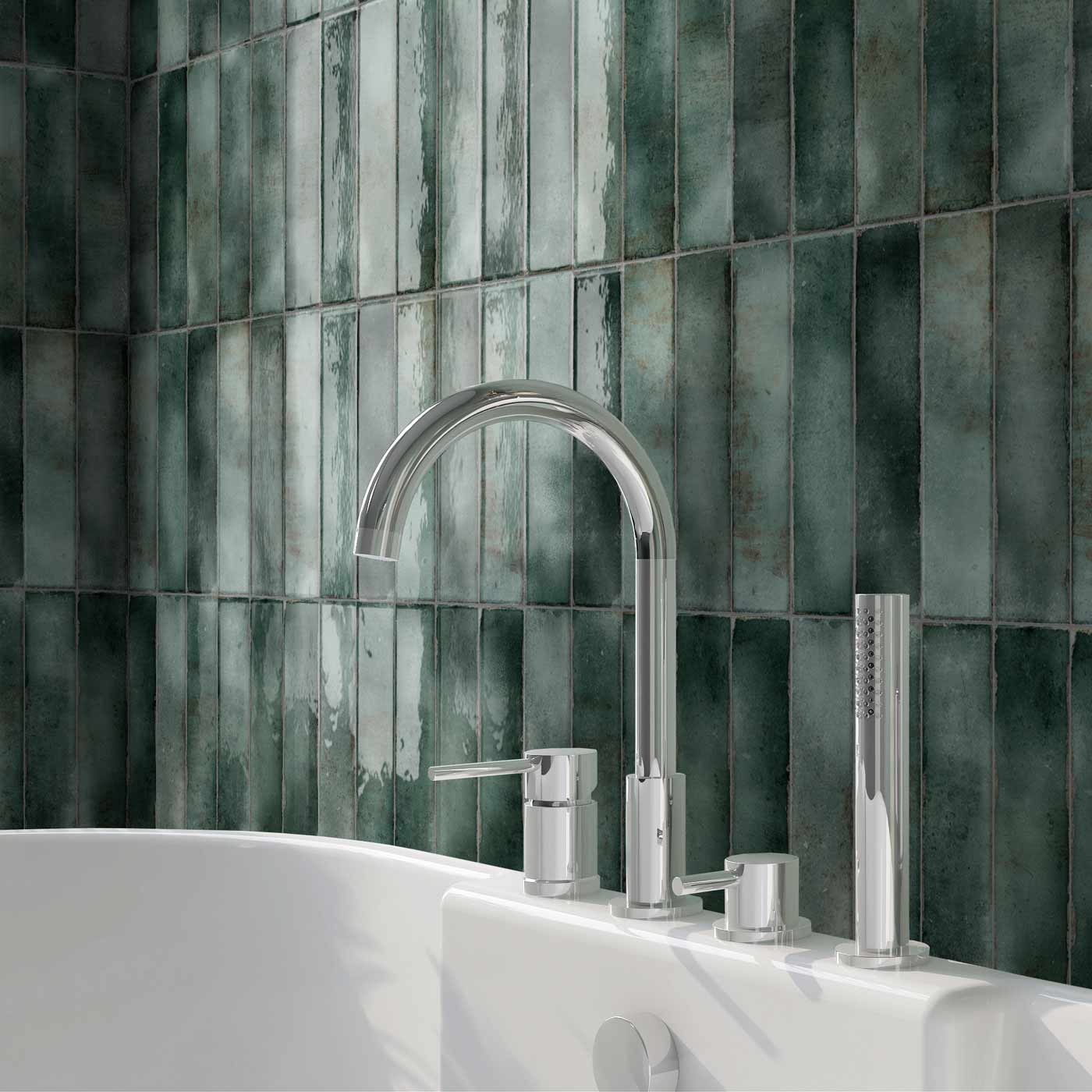 Image of Zellige Emerald Brick Tile 6.9x24cm-Ceramic wall tile-Estudio Ceramico-tile.co.uk